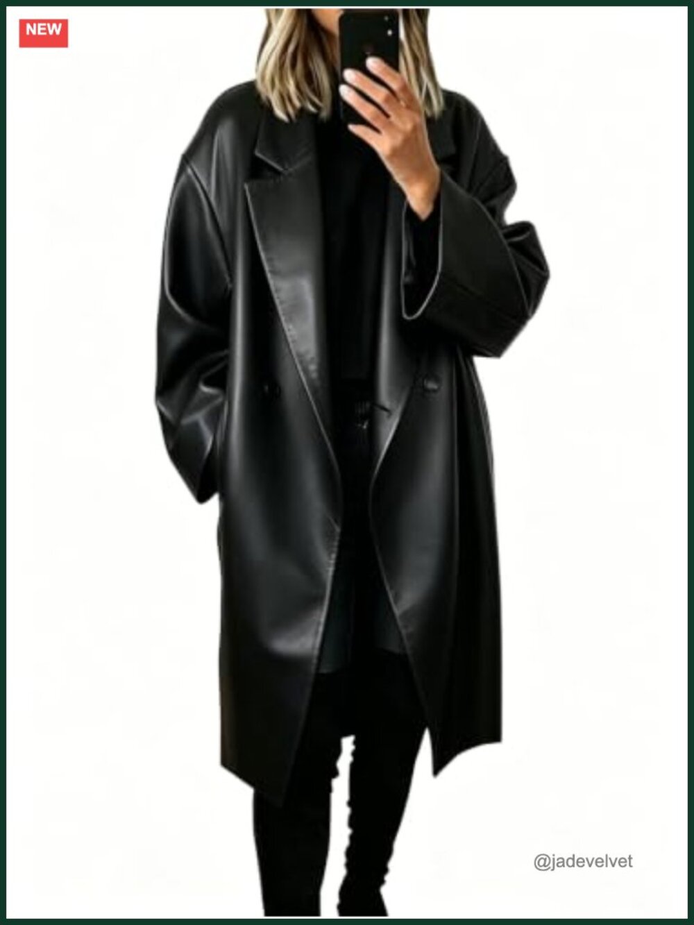 Faux Leather Long Trench Coat Open Front Lapel Knee Length Women's